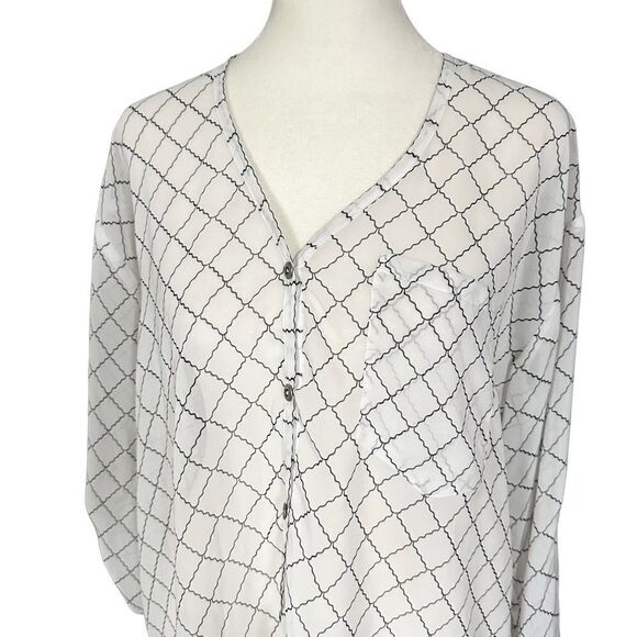 CAbi Sheer White & Black Diamond Criss Cross Pattern Button Down Shirt Blouse XS - Picture 5 of 13